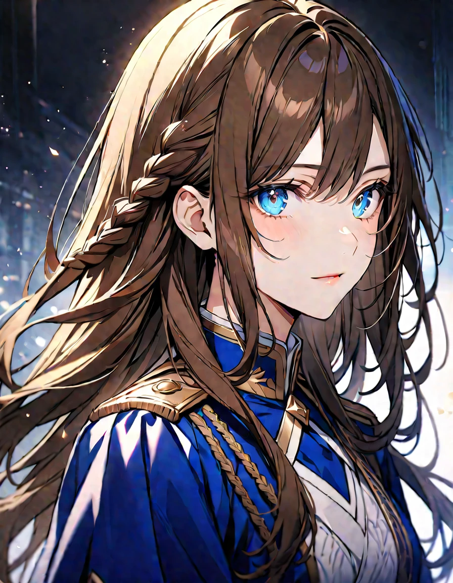 (Highest quality), (Very detailed),so beautiful, female, brown hair, detailed blue eyes, handsome, noble uniform, beautiful detailed eyes, long hair, half braided hair