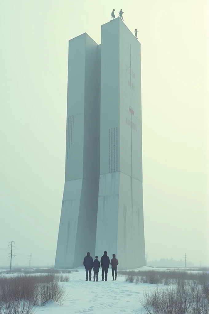 (Isolated humans) look over tall building, in the style of hues, rural winter, coded patterns, sparse and simple, uhd image, urbancore, sovietwave, vastness of space, negative space, award-winning design, Leica