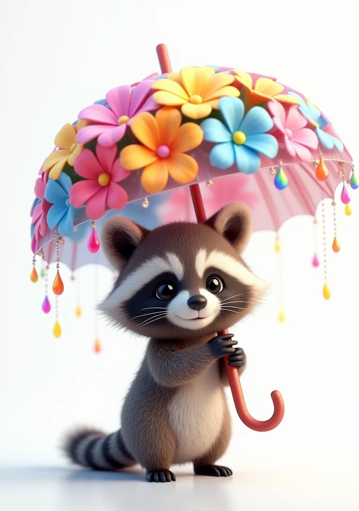 A whimsical and adorable 3D render of a baby raccoon, extra fluffy and holding a translucent umbrella adorned with a stunning bouquet of rainbow-colored flowers. The flowers are arranged in a gradient, showcasing the entire spectrum of colors. Droplets of rainbow-hued water drip from the umbrella's edge, reflecting the vibrant shades of the flowers and the surrounding light. The pure white background adds a dreamy, ethereal quality to this delightful conceptual art piece., conceptual art, product, 3d render, photo