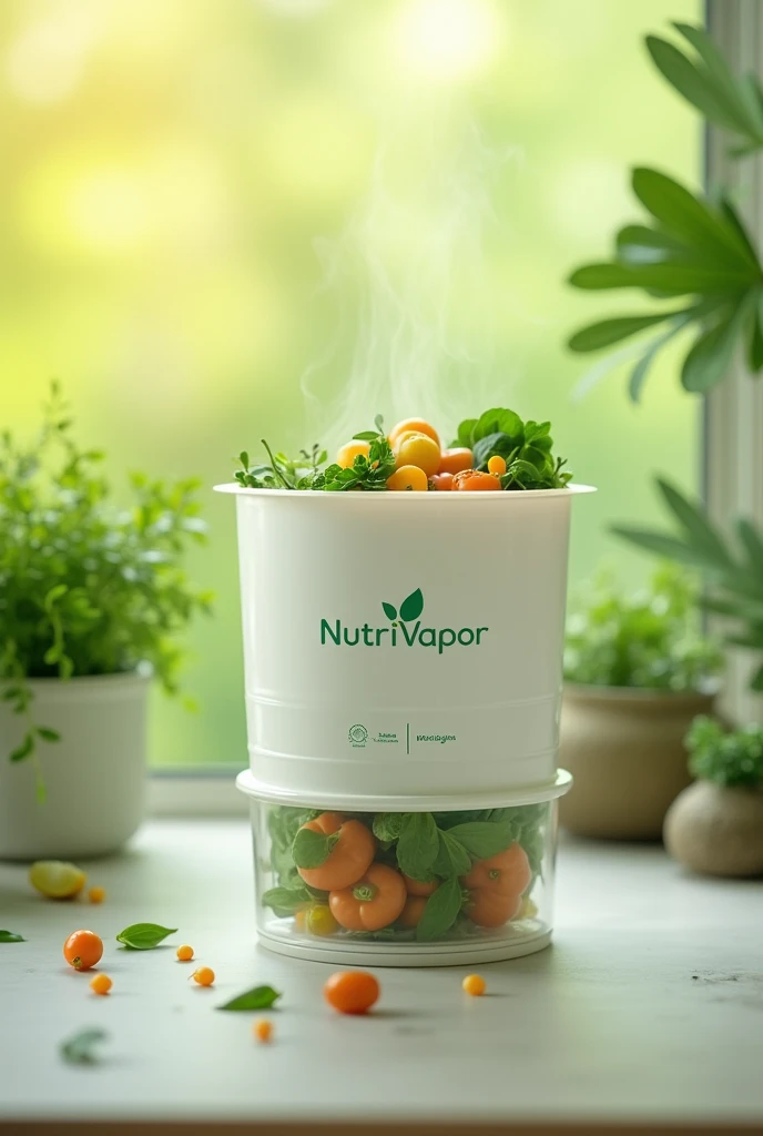 Create an image of a sustainable packaging in the shape of a container to pack steamed vegetables and put the NutriVapor brand on it.
