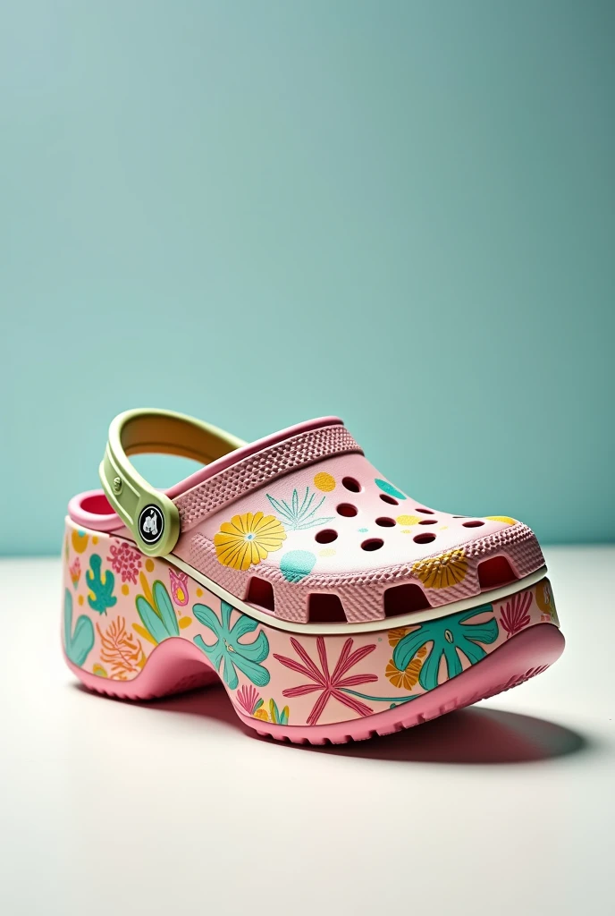 A Crocs shoe, platform, with a print in partnership with the Farm brand