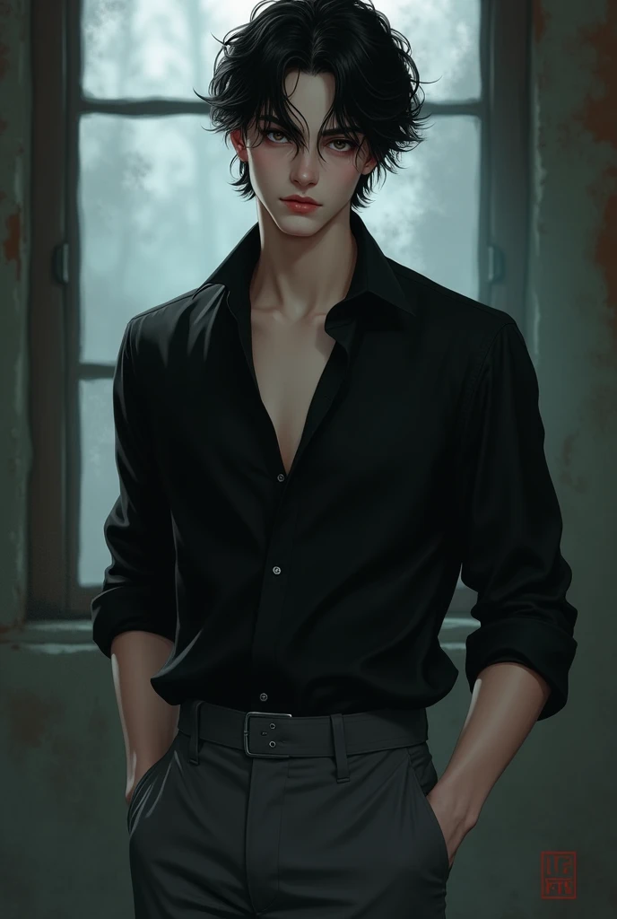 Vampire about 19 years old,with short black hair,black shirt and gray pants, pale and tall