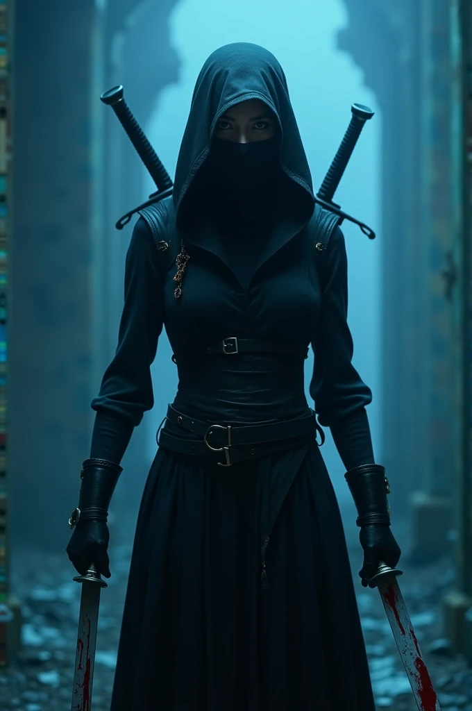 A girl standing wearing a black assassin costume with mask on her face. She has two knives in her hands covered with blood. And two swords hanging on back of her. The colour grading of the image is bluish