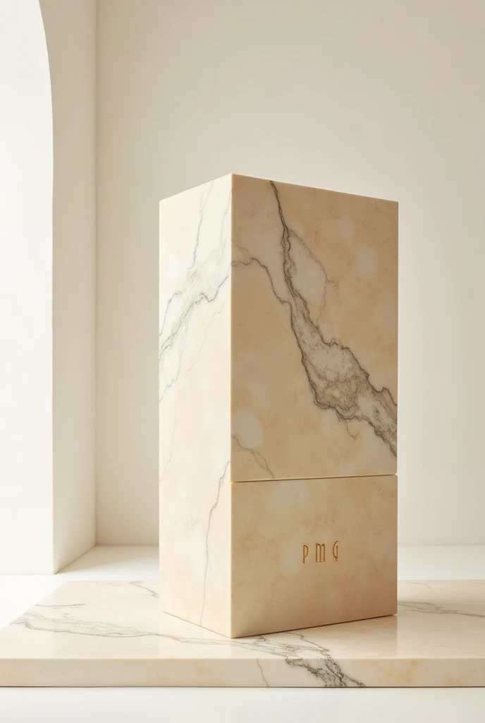 One big Beige colour turkish marble block showing two sides. On one side LIDA marking at the corner and on the other side PMG marking at the center of the block face
