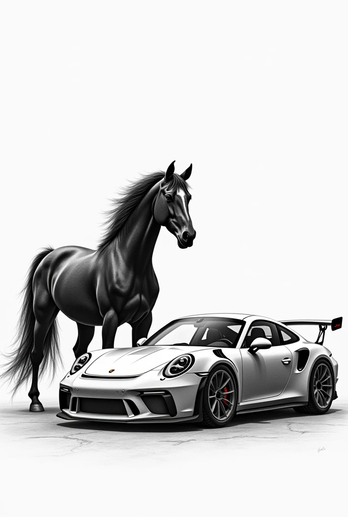 Pencil drawing of a Porsche 911 GT3 and a black horse 