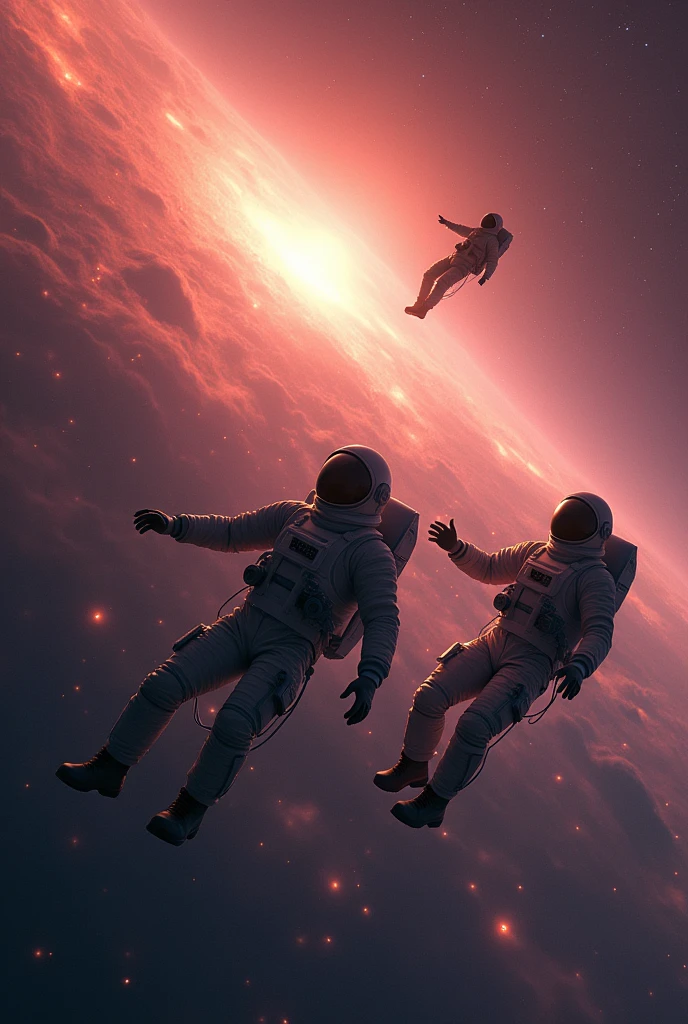 Astronauts being attracted by a blazar
They are scare
On the background there are Starz, cable and an spaceship broken
They are floating 