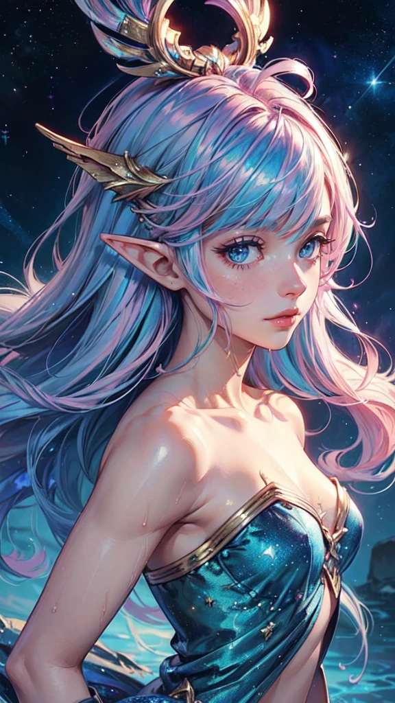 face up, (masterpiece, highest qualityr, highest qualityr, Watercolor (half), official art, beautiful and aesthetic, (1.2), (1 girl: 1.3), (fractal art: 1.3), Upper part of the body, from the side, looking at the viewer, pattern, (Iridescent hair, Color hair, Half blue and half pink hair: 1.2), Water, liquid, clouds, Color, starry sky, stars,xy pose,detailed face, detailed eyes, detailed hands, elf woman,wet,
