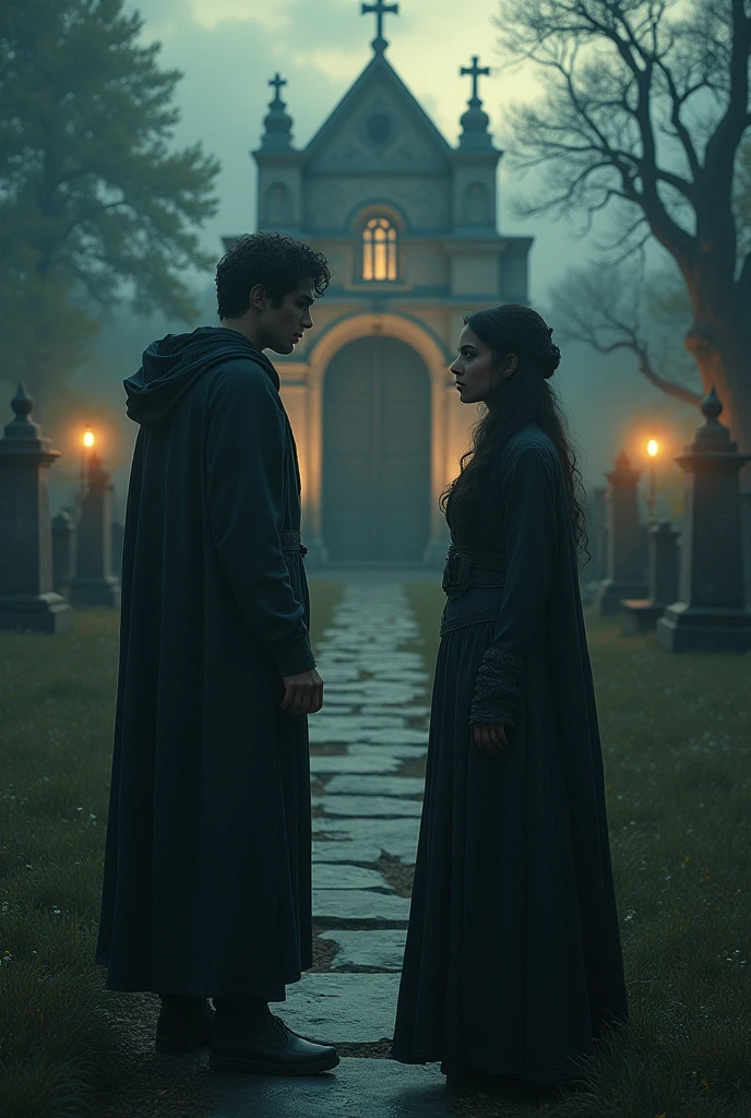 ((Best quality)), ((masterpiece)), (detailed), ((perfect face)), ((halfbody)) Amidst the enigmatic glow of a haunting cemetery at dusk, a handsome young man with the countenance of a biblical hero, wearing a modest yet elegant robe, saunters along the weathered stone path. As he approaches the hauntingly beautiful tomb adorned with spectral steeds, he encounters a wise and enigmatic woman clad in a garment reminiscent of the ancient times. Joined by faith and curiosity, they traverse the dimly lit, yet captivatingly eerie attractions, unveiling hidden truths and unraveling the divine mysteries concealed within the heart of this eerie sanctuary.