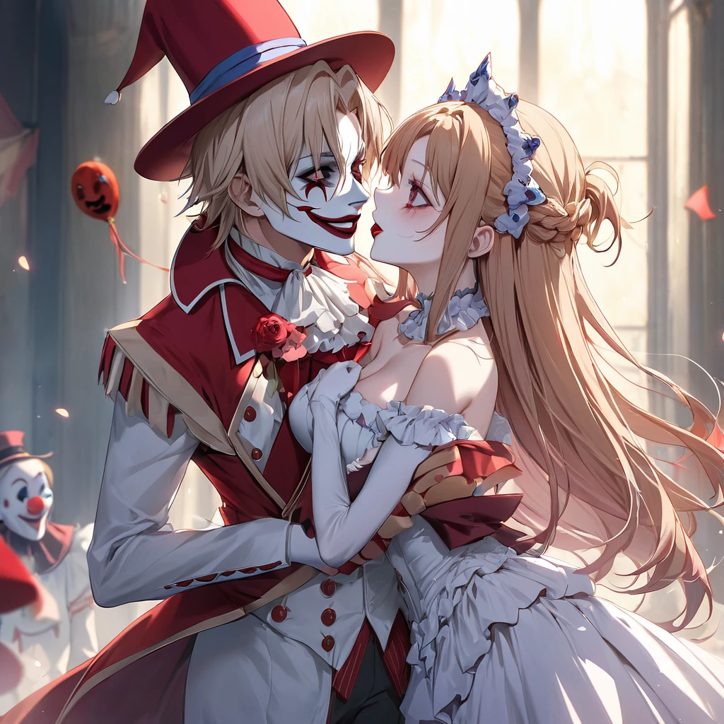 ((Highest quality)), ((masterpiece)), (detailed), (Perfect Face)、((The woman is a clown lady who used to be Asuna Yuuki. She has light brown, semi-long hair, pure white skin, and is wearing a creepy clown mask.))、The woman is wearing a spooky clown ornate wedding dress, a clown wedding veil and a jester hat, and has makeup on her face to create a spooky clown look, complete with a red nose.、The woman is a creepy, evil, lewd clown who is a minion of an evil organization.、The woman is in love with the ringmaster clown in the evil circus.、The Pierrot leader made the woman his own, and as his Pierrot wife, her love and loyalty was engraved into his soul forever.、The woman is the wife of a destined clown couple who are spiritually bound to the head clown.、The woman, from her hair to her soul, became the property of the Pierrot leader、The woman was completely dyed in the Pierrot leader's color and eternally bound as his ideal Pierrot wife.、The woman married the leader of the troupe, the clown, and vowed eternal love to him. Her body, mind, and soul were all dedicated to the clown leader.、The man and woman are embracing and sharing a vowing kiss.