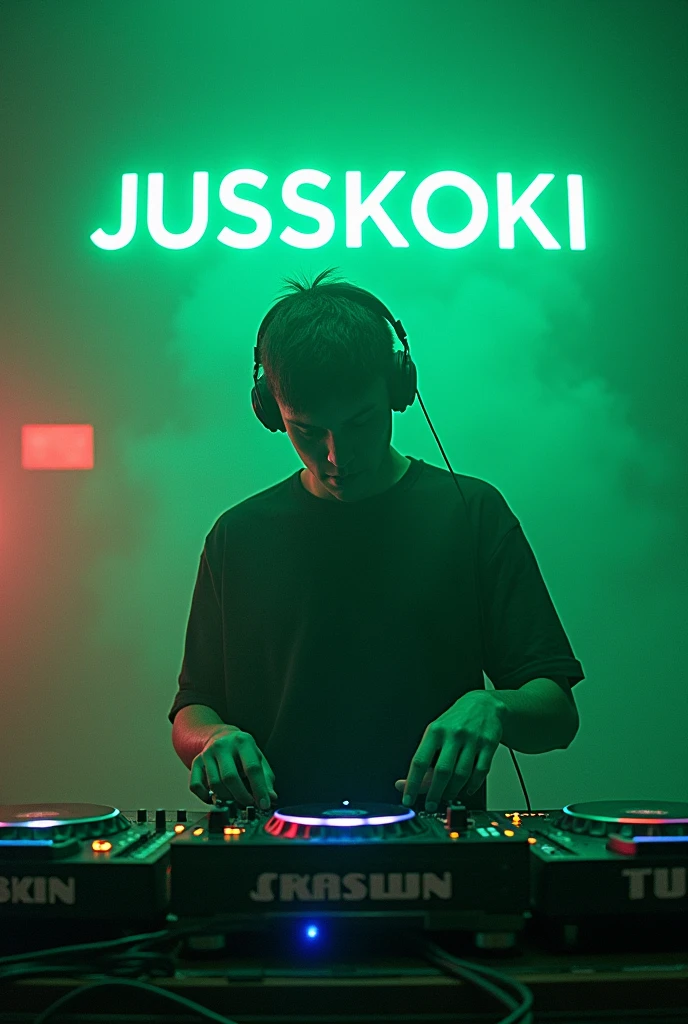 A grey and green poster for a dj with the name JUSSKOKI at the top. With no dj picture it must look vibey and it must write BOOKINGS ON THE TPP Left and it must be a square size