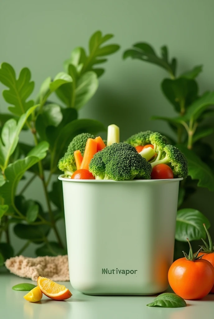 Create an image of a sustainable packaging in the shape of a container to pack steamed vegetables and put the NutriVapor brand on it.