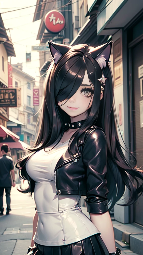 very young slim fit girl, at full height, (rounded face:1.2), very long disheveled dark brown hair, (big brown eyes:1.2), shy smile, perfect flat breast, band on head with fake cat ears, parororo, eyelashes, ariawm, accurate snub nose, (very long strand of hair between eyes:1.3), wearing a studded leather jacket and tulle skirt, with dramatic makeup, summer street, old city, hair over one eye 