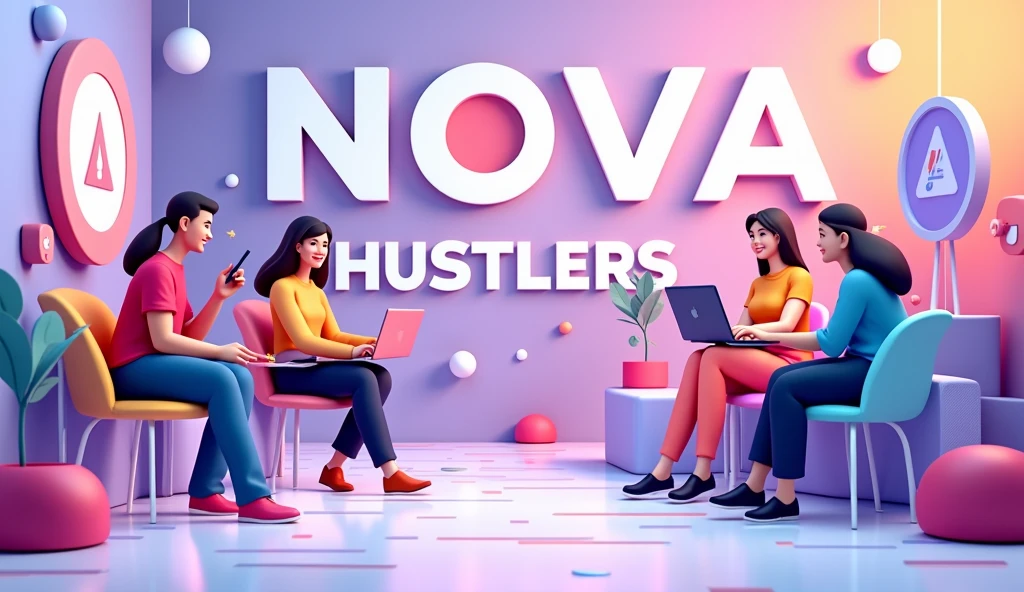 want a banner for your website that showcases learning and designing concepts related to Figma, LinkedIn, and Canva. Here's an idea:
Image description: A colorful banner featuring a group of small 3D cartoon humans engaged in various design-related activities, such as:
- One character designing a logo on Canva
- Another character creating a wireframe on Figma
- A third character networking on LinkedIn
- Others collaborating, brainstorming, and celebrating their design successes
The banner could include visual elements like colorful shapes, lines, and icons related to design and learning. The overall style could be playful, modern, and engaging, conveying the fun and creative aspects of learning design skills.
In purple and white colour palette fun
Put my brand name nova hustlers in it
Mention name nova hustlers in centre
