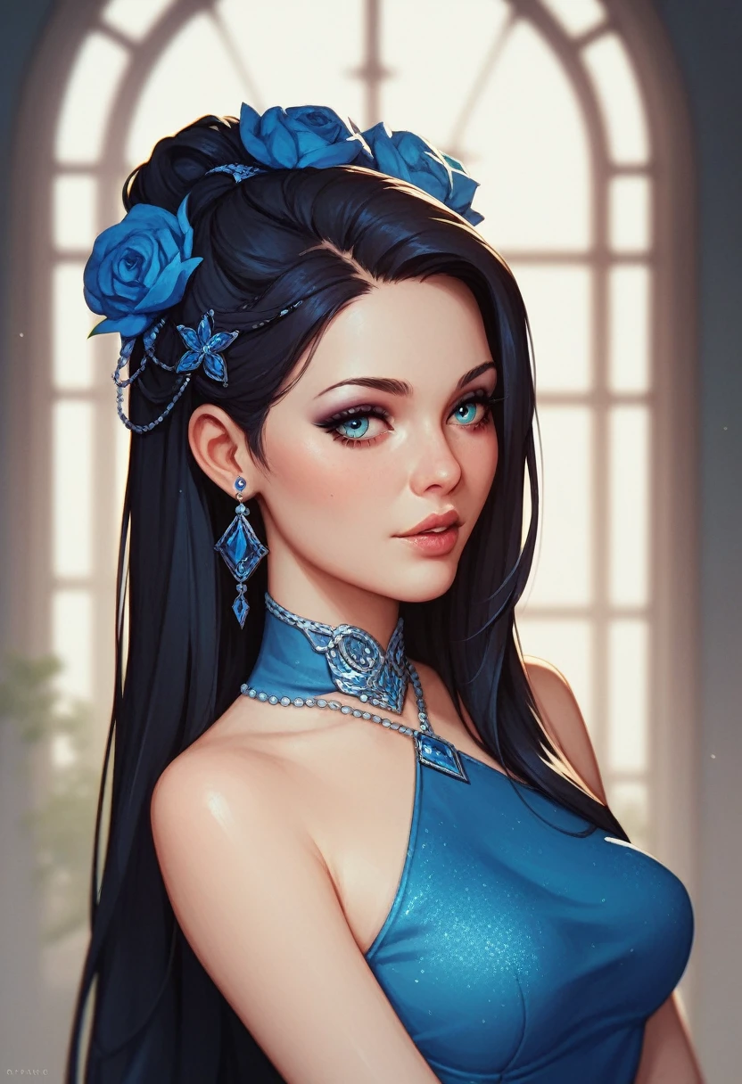  The image shows a woman with long black hair wearing a blue dress with intricate Chinese-style designs.