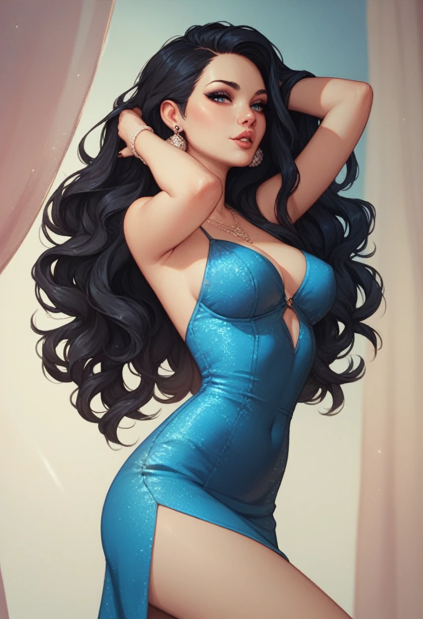 The image shows a woman with long black hair wearing a blue dress with intricate Chinese-style designs.