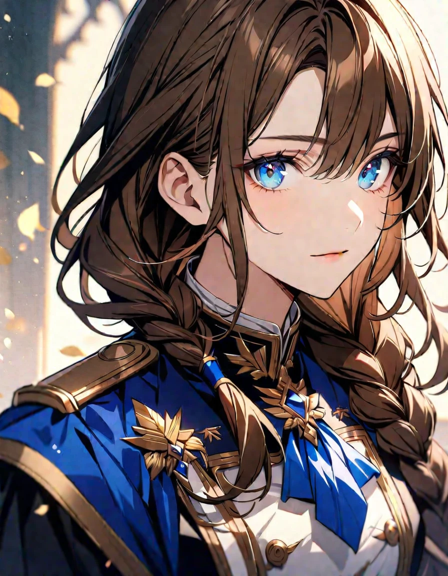 (Highest quality), (Very detailed),so beautiful, female, brown hair, detailed blue eyes, handsome, noble uniform, beautiful detailed eyes, long hair, half braided hair