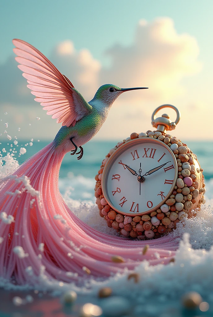 Hummingbird made of pink ocean waves and a clock made of nuts 