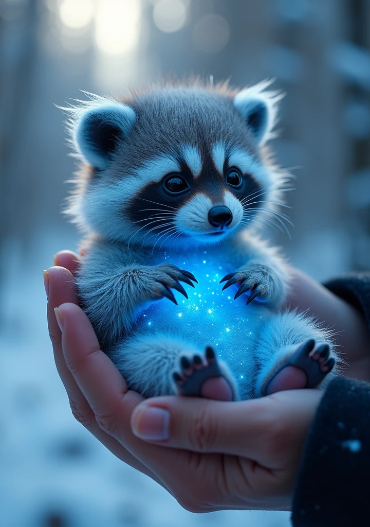 An exquisite, ultra-high-definition 8K UHD image captured with a Kodak Portra film using an anamorphic camera and a Sony FE 24-105mm f/4 G OSS lens. The photo depicts a newborn, vibrantly blue-glowing snow cute extra fluffy baby realistic raccoon held delicately in someone's hands. The baby racoon features soft, delicate fur characteristics with a touch of sparkles around it. The background reveals a vast, panoramic landscape with natural, vibrant colors. The cinematic lighting creates a raking light effect, and the three-point perspective adds depth. The dynamic composition and trompe-l'œil illusionistic details further enhance the epic, highly-detailed, and surreal image., photo, 3d render, conceptual art
