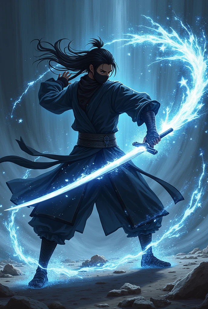 ((Best Quality)), ((masterpiece)), ((detailed)), ((High Definition)),  The black silhouette of a swordsman in anime style, dynamic movements,  fighting stance, running like a shovel, with the ray of light on his back, He performs a sword technique, cutting the air. With a black background. With a magical aura light, silver colour, with celestial details.
