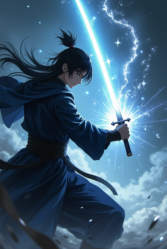 ((Best Quality)), ((masterpiece)), ((detailed)), ((High Definition)), The black silhouette of a swordsman in anime style, dynamic movements, fighting stance, running like a shovel, with the ray of light on his back, He performs a sword technique, cutting the air. With a black background. With a magical aura light, silver colour, with celestial details.