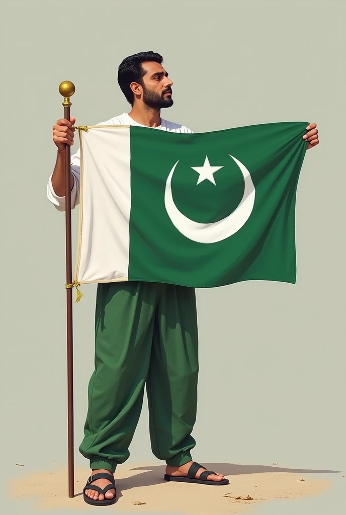 , white top and green bottom holding Pakistan flag
