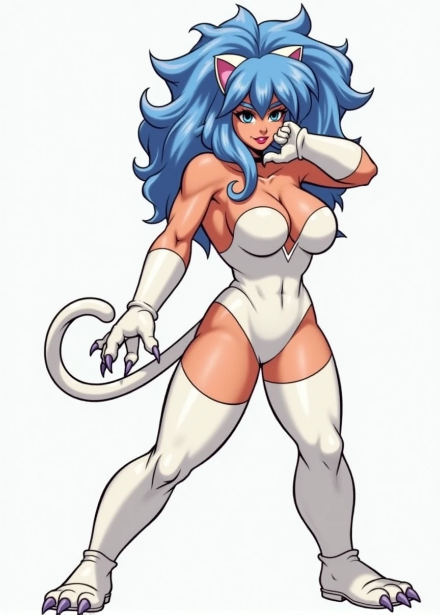 Felicia, (cat-woman darkstalkers character), (blue thick wavy long hair:1.4), (huge breast:1.6), wearing a white costume, claws, with white glowes, white boots, (comic style:1.4)