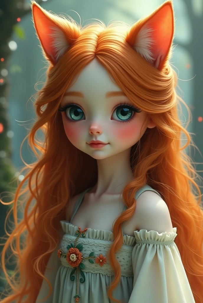A ginger girl who is and has very long thick hair all the way to her hips, she has the cats cuteness and has dark blue eyes and shes wearing a traditional dress