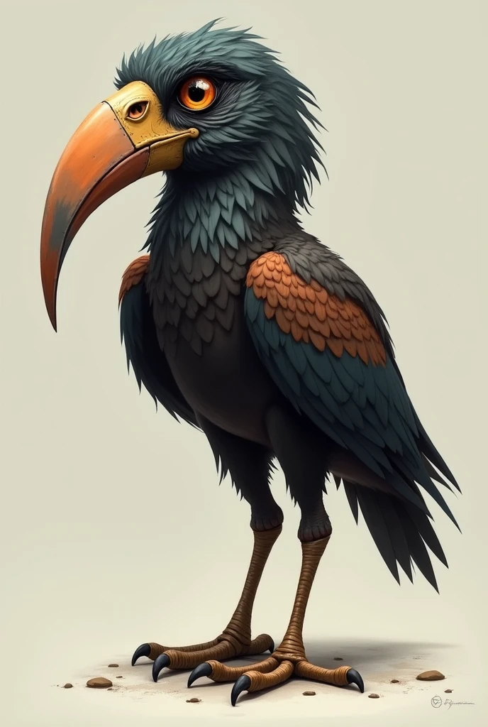 Can you generate an image of a macaw, another with a darker coat, striped in coffee and dark colors, but not just a single shade, The beak is long and narrow, and different legs to have better mobility and that are please thicker than usual and with larger eyes like those of an owl. With short wings and almost no feathers and no long tail please, and that the beak is longer, similar to that of a heron please.