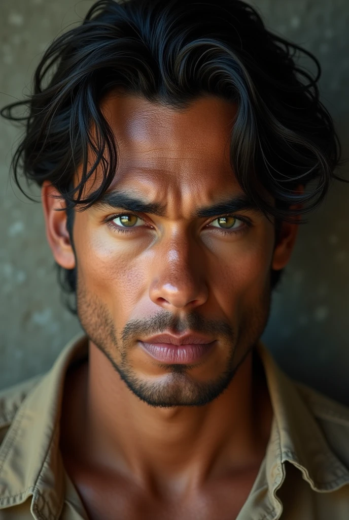 A 32 year old man, ancient, black hair and green eyes, young Colombian brown skin far from the face farther from the face