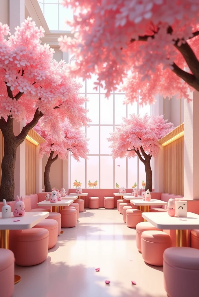 Cafeteria with cherry blossom trees in the decoration, with pink colors, white and gold and in the Japanese modern fantasy style with unique animal accents
