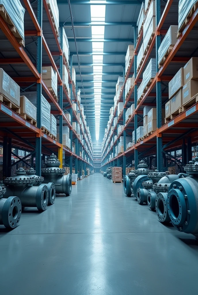 Warehouse with high quality materials, such as pipes and valves, arranged in an orderly manner.