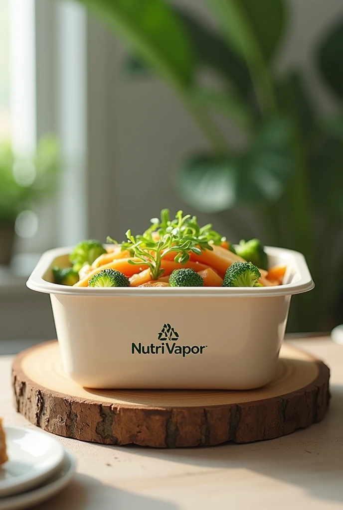 Create an image of a sustainable packaging in the form of a rectangular container to package steamed vegetables and put the NutriVapor brand. 