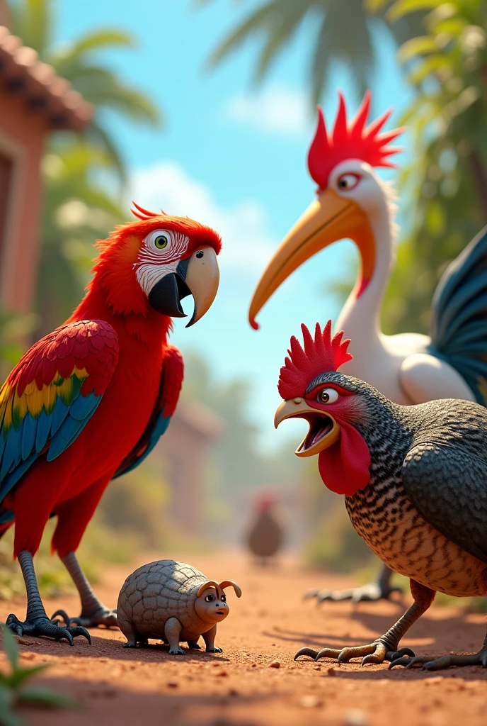 Crimson macaw and pelican and a scared armadillo fighting a red rooster Pixar style 