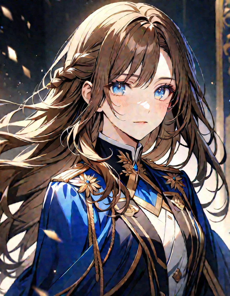 (Highest quality), (Very detailed),so beautiful, female, brown hair, detailed blue eyes, handsome, noble uniform, beautiful detailed eyes, long hair, half braided hair