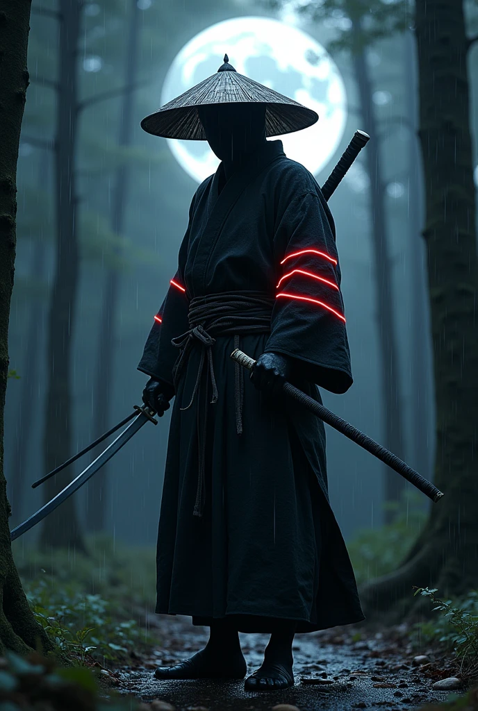 a dark and majestic samurai warrior standing in the rain, wearing a traditional Japanese bamboo hat(kasa) and a black kimono with fluorescent red stripes glistening in the moonlight, holding a sharp and unsheathed samurai sword(katana), surrounded by a dense forest scenery with artificial raindrops falling, under a full moon shining brightly in the night sky, (best quality,ultra-detailed,realistic,photorealistic,photo-realistic:1.37),extremely detailed,masterpiece,high resolution,cinematic lighting,dramatic composition,stunning colors,natural environment,dramatic atmosphere