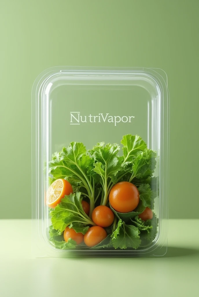 Creates the image of a transparent, returnable rectangular packaging for packaging steamed vegetables, include the NutriVapor brand and indicate that this packaging is sustainable