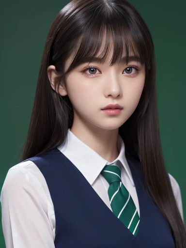 Simple Background、(masterpiece、Highest quality:1.2)、((Look forward:1.2))、With bangs、young woman 、((Upper body:1.2))、Promotional Art、official、Dark blue uniform、Long sleeve、Dress shirt、Green tie ribbon、Bans、Black-haired、Long Hair、Purple eyes