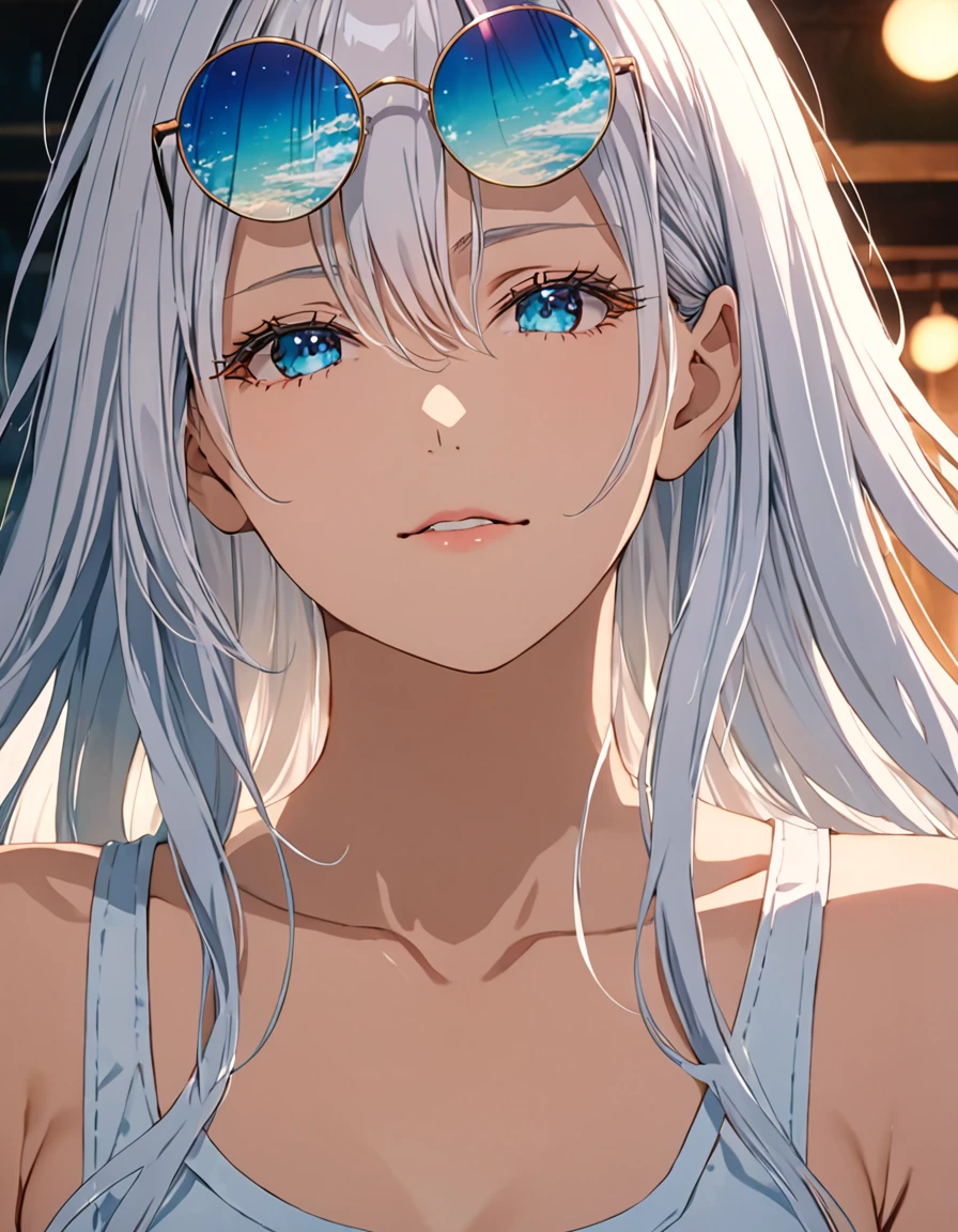 score_9, score_8_up, score_8, best quality,masterpiece,4k,very aesthetic,uncensored,rating_explicit,rating_questionable, anime_source,  gojou satoru, genderswap \(mtf\), very long hair, long white hair, glowy aquamarine blue eyes, white eyelashes, depth of field, stunning color, (white eyelashes:1.5), female focus, BREAK, 1girl, mature, looking at the viewer, (eyewear on head, round eyewear), smile, smirking, grinning, white crop top, black jogger pants, perfect composition, BREAK,cinematic lighting and shadow, dynamic pose, expressive, perfect face, perfect body,(masterpiece), (best quality), (ultra-detailed), very aesthetic,very detailed, high detailed texture, 8k, mappa studio screencap, jujutsu kaisen art style