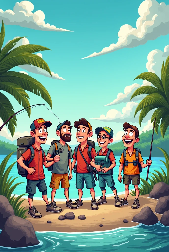 Cartoonish drawing of a team coming together for a diving,water sports and fishing company trip