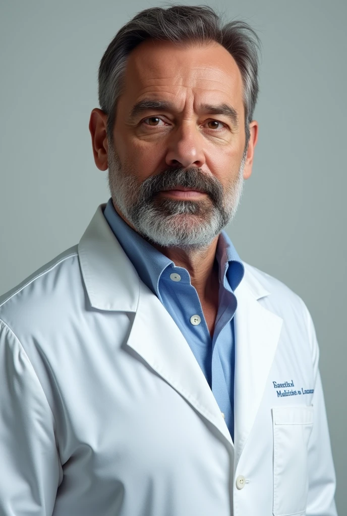 A man with a beard, with a white doctor's coat.