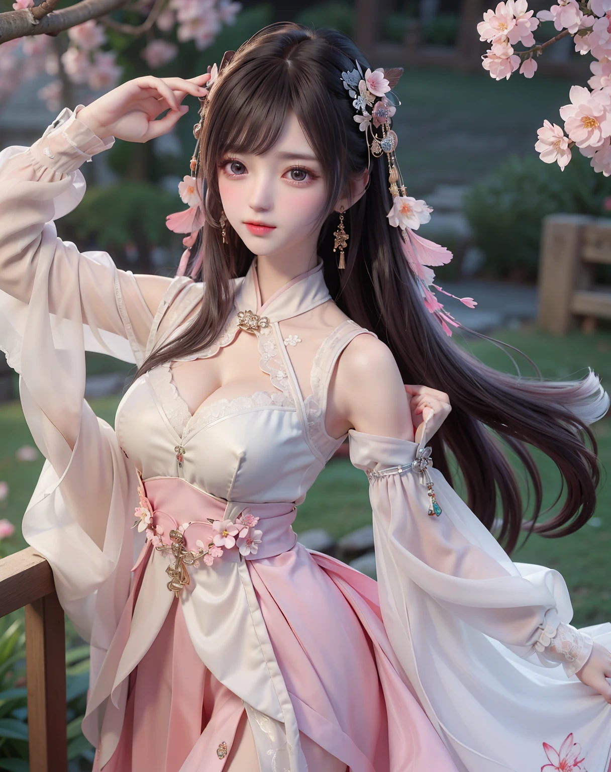 (8k, RAW photo:1.2), best quality, ultra high res,dramatic angle,(fluttered detailed color splashs), (illustration),(((1 girl))),(long hair),(rain:0.9), (Headdress:1.4),There is an ancient palace beside the girl,Hanfu,(Key Points),Color ink painting,(Splash of Color),Splash of Color,(((colorful))),(sketch:0.8) , Masterpiece, best quality, beautiful painted, highly detailed,(denoising:0.6),[splash ink],((ink refraction)), (beautiful detailed sky),moon,highly,detaild,(masterpiece, best quality, extremely detailed） CG Unity 8k Wallpaper，masterpiece，best quality，Ultra Detailed），（Lycoris）. hanfu open v open V-chested clothes Thin silk lace dress , (huge ，cleavage),, white pink and gren，best qualtiy，tmasterpiece，Ultra-high resolution，（Reality：1.4），RAW photogr，（True skin texture：1.3），（filmgrain：1.3），（Selfie angle），1个Giant Breast Girl，Beautiful eye and face details，tmasterpiece，Best quality at best，，The chest more exposed， detailed hair, brap urple , detail 8k, upper body, lace petticoat