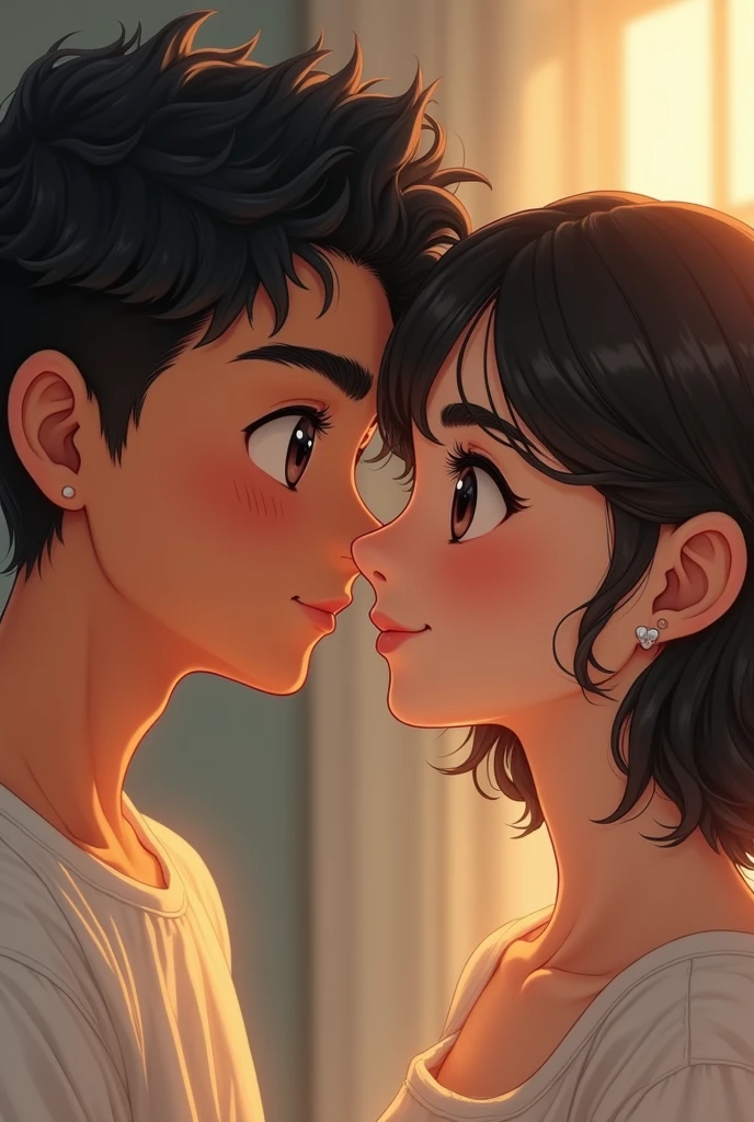 Cute boy with short Black curly hair with good eye lashes and black eyes with normal nose and little tan colour with his girlfriend who is cute muslin girl with doe eyes and has mascara