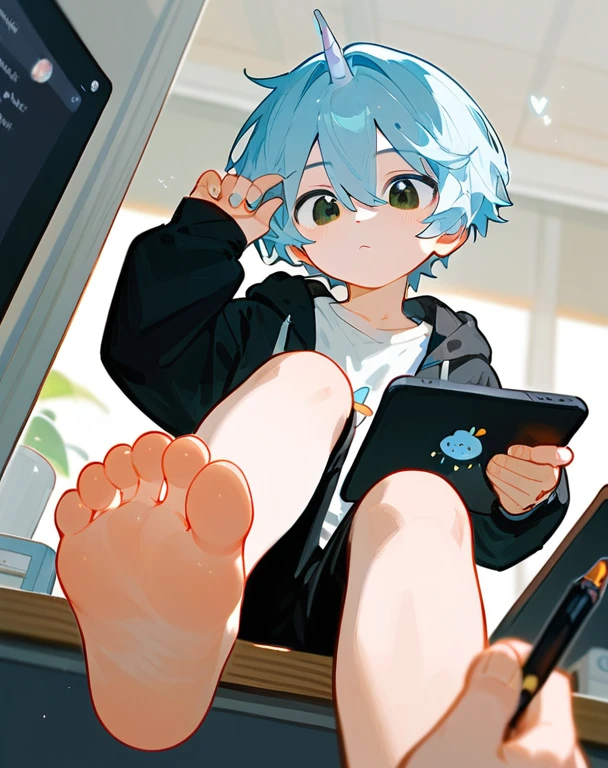 A cute boy is drawing on a tablet.,Hold a pen in your right hand,Show your feet,Low Angle,Correct feet,Five toes,barefoot, Foot Focus,White T-shirt, Black Hooded Jacket, There are bangs between the eyes,short hair,Light blue hair, Black pants, Anatomically correct, 头部中间有一个蓝色的Unicorn,Unicorn, black eyes,