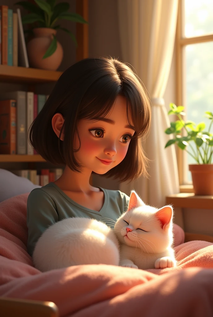 Pixar-style: A brunette woman in her 20s, slender, with straight, brown hair parted in the middle, with a white cat and a Colleen Hoover book

