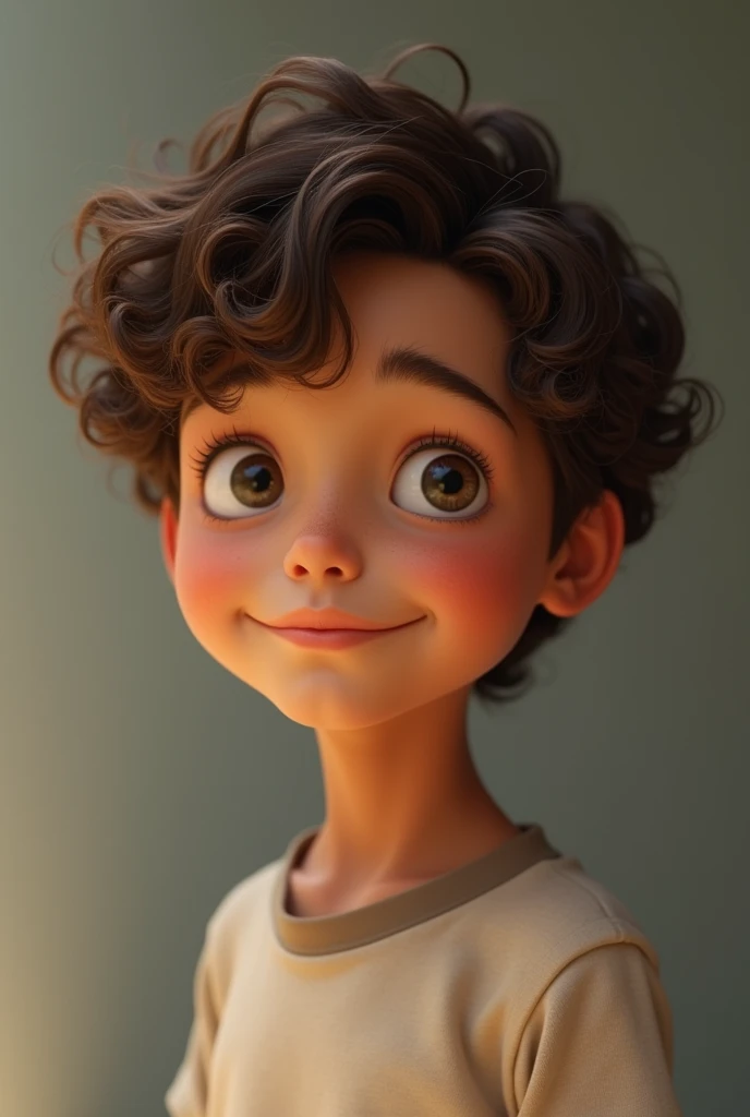 boy. Brown skin, light brown eyes. Wavy brown hair