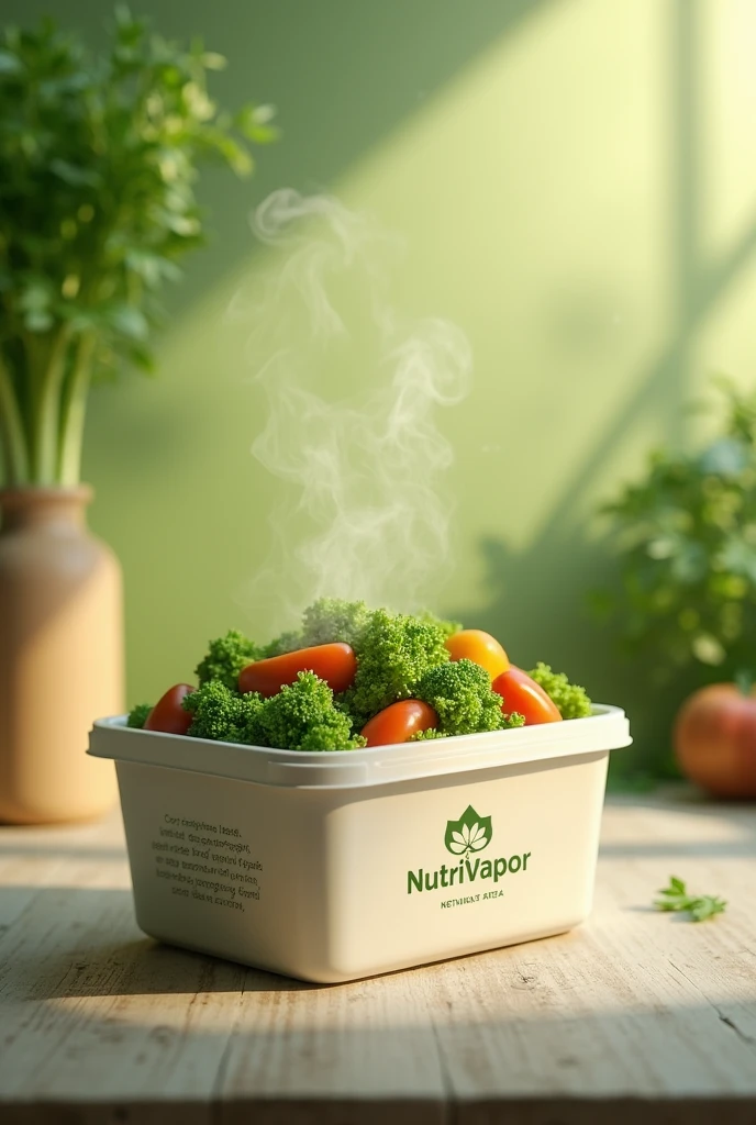 Create an image of a sustainable packaging in the form of a rectangular container with a lid to package steamed vegetables and place the NutriVapor brand.