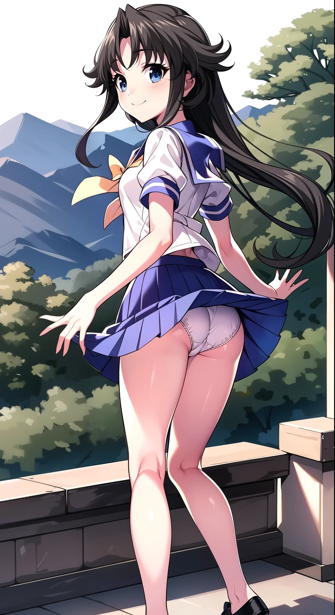 (Masterpiece:1.3),Best quality, high resolution,8k,Black hair,llong hair,sailor collar with a white stripe, yellow bow, blue pleated skirt,school_uniform, purple school uniform,short_sleeves,best smile, beautiful scenery, mini_skirt, skirt that rolls up, beautiful scenery, incredible views,summer,visible panties,back,looking back,white panties,full body,waving,night,