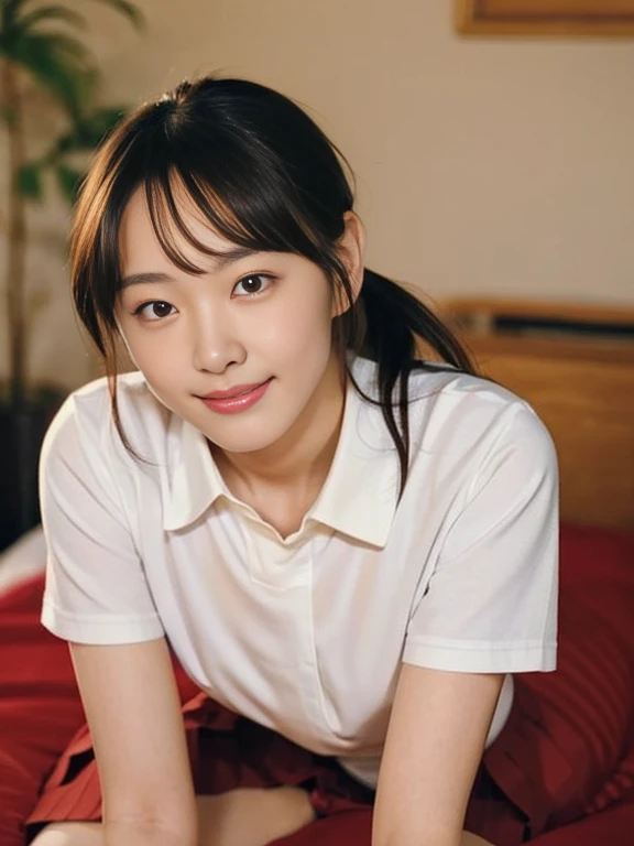 (Masterpiece, Best quality:1.3), (Ultra realistic, Photo-realistic:1.2), kneeling, Natural light, 28 years old actress, Japanese beautiful 2 women, Neat and clean, (School uniform Short sleeve white shirts:1.1), (Black pleated skirt:1.1), (Red ribbon), (shirts unbutton:1.3), White sock, (Ponytail:1.2), (Beautiful faces), Oval face, clear, Beautiful eyes, Kind eyes, Clear skin, Small face, Beautiful mouth, Small mouth, Natural makeup, Approachable, Seductive smile, (Seductive pose:1.2), Beautiful thighs, Bedroom eyes, Embarrassed, Blush, Luxury hotel Suite room, On bed, (nsfw:1.3), (lesbian couple:1.2), (petting together:1.1), obscene reality of girls, Spread legs,