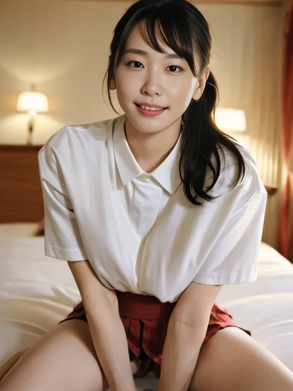 (Masterpiece, Best quality:1.3), (Ultra realistic, Photo-realistic:1.2), kneeling, Natural light, 28 years old actress, Japanese beautiful 2 women, Neat and clean, (School uniform Short sleeve white shirts:1.1), (Black pleated skirt:1.1), (Red ribbon), (shirts unbutton:1.3), White sock, (Ponytail:1.2), (Beautiful faces), Oval face, clear, Beautiful eyes, Kind eyes, Clear skin, Small face, Beautiful mouth, Small mouth, Natural makeup, Approachable, Seductive smile, (Seductive pose:1.2), Beautiful thighs, Bedroom eyes, Embarrassed, Blush, Luxury hotel Suite room, On bed, (nsfw:1.3), (lesbian couple:1.2), (petting together:1.1), obscene reality of girls, Spread legs,