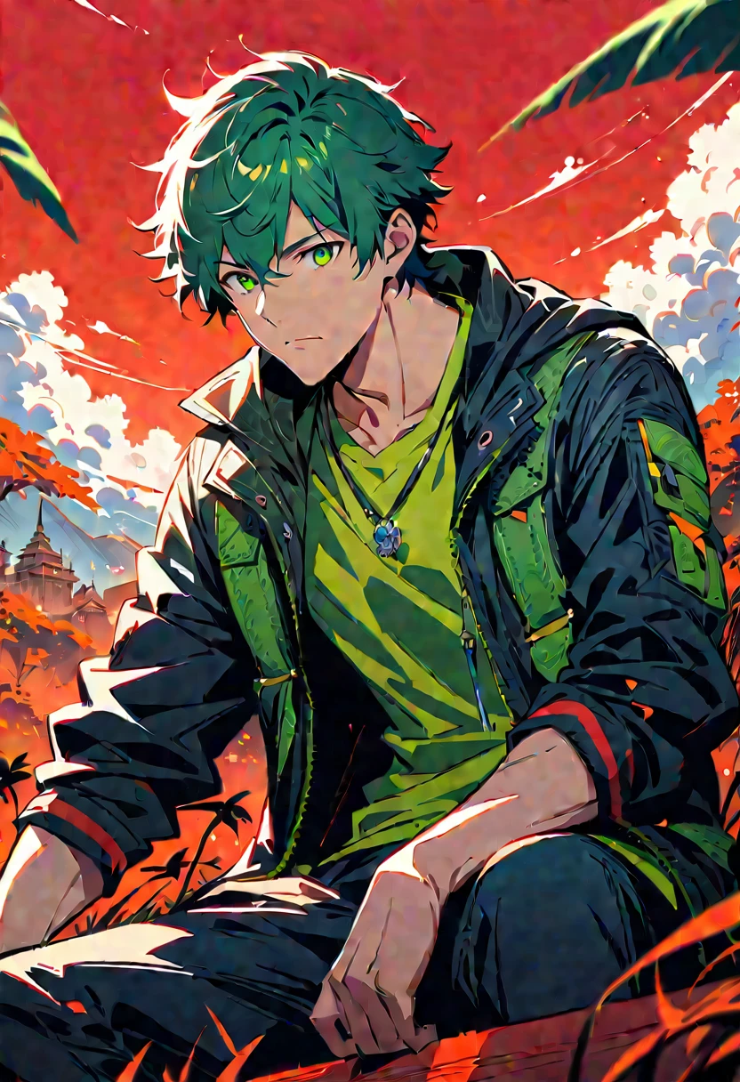 master piece best quality high quality, detailed intricately detailed finely detailed hyper detailed, depth of field, realism and detail, --style scenic: style that focuses on environmental details, (--stylize or --500s), anime boy with green eyes sitting in front of red background, behind the boy's back are dark demon monsters, 4k manga wallpaper, Demon Slayer art style, 4k anime wallpaper, anime wallpaper, demon monsters with red glowing eyes, anime style 4k, anime art, Demon Slayer Rui, fan art, Expressive gestures, -niji4